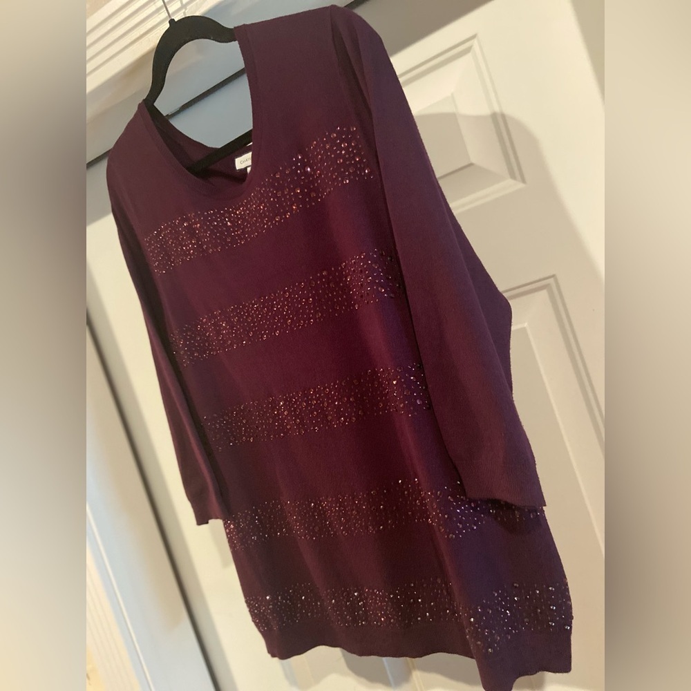 Charter Club~Shiny~Purple Crystal Striped Detail~3/4 Sleeve~Knit Sweater~Size XL